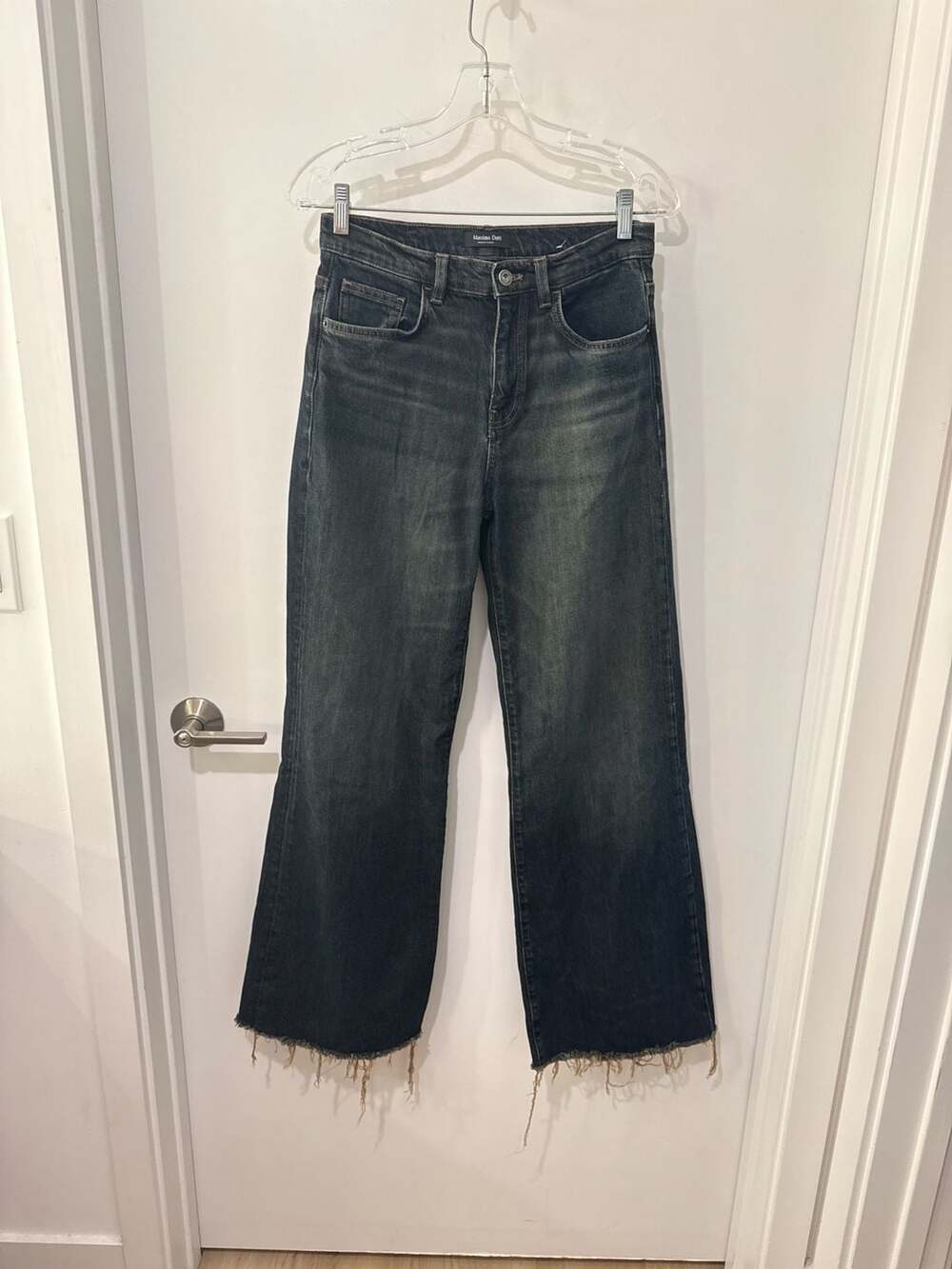 Massimo Dutti Dark Blue Mid-Rise Wide Leg Frayed Hem Jeans